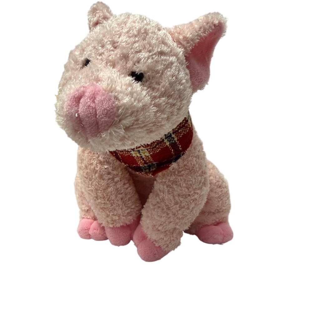 Hugfun Pink Pig Plush Stuffed Animal Red Plaid Scarf‎ 10 Inch Soft Sherpa Toy